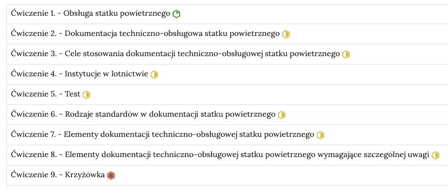 Ilustracja przedstawia wygląd zakładek z ćwiczeniami. Na każdej z zakładek znajduje się numer ćwiczenia, jego nazwa oraz oznaczenie stopnia trudności. Po rozwinięciu zakładki pojawia się ćwiczenie lub seria ćwiczeń do wykonania.