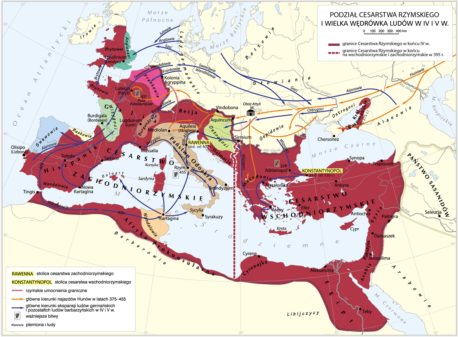 Mapa Europy i basenu Morza Śródziemnego przedstawia podział Cesarstwa Rzymskiego oraz wielką wędrówkę ludów w czwartym i piątym wieku naszej ery. Cesarstwo Rzymskie zajmowało następujące tereny: całe północne wybrzeże Afryki, Egipt, Półwysep Iberyjski, Galię czyli dzisiejszą Francję, Anglię, Półwysep Apeniński i obszary na północ od niego, całe południowe i wschodnie Bałkany, Azję mniejszą, wschodnie wybrzeże morza Śródziemnego wraz z jego wszystkimi wyspami oraz wschodnie i południowe wybrzeże morza Azowskiego. Rzymskie umocnienia graniczne znajdowały się w północnej Anglii, na północ od ujścia Dunaju, na wschodnim wybrzeżu morza Śródziemnego, w centralnej części północnego wybrzeża Afryki oraz w na pewnych odcinkach północnej granicy Cesarstwa. Granic pomiędzy zachodnim i wschodnim Cesarstwem Rzymskim w 395 roku przecinała Cesarstwo dokładnie na dwie części. Przebiegała ona przez centralny region Bałkanów. Stolicą cesarstwa zachodniorzymskiego była Rawenna, a wschodniorzymskiego Konstantynopol. Hunowie skupili swoje najazdy na północnym terenie Cesarstwa Zachodniorzymskiego. W 451 roku stoczyli oni bitwę o Pola Katalaunijskie. Barbarzyńcy najechali i złupili cały obszar obu cesarstw, oszczędzając jedynie południowo wschodnie tereny Cesarstwa Wschodniorzymskiego. W 378 Wizygoci zaatakowali Adrianopol, a w 455 roku Rzym.