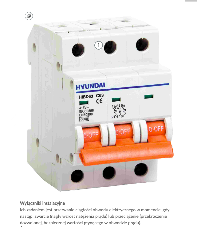 Przykładowy widok jednej z grafik galerii. Poniżej napis: WYŁĄCZNIKI INSTALACYJNE, a pod nim znajduje się opis funkcji, pełnionej przez przedstawione na zdjęciu wyłączniki. Na grafice widoczny jest punktor z cyfrą jeden. W lewym górnym rogu widzimy ikonę z okiem, pozwalającą wyłączyć podgląd punktora na ilustracji.