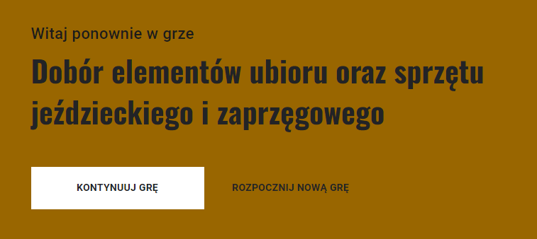 Grafika przedstawia widok ekranu gry umożliwiającego kontynuacje lub wybór nowej gry. Jest to brązowa plansza, na której umieszczono napis: Witaj ponownie w grze „Dobór elementów ubioru oraz sprzętu jeździeckiego i zaprzęgowego”. Poniżej znajdują się dwa przyciski. Pierwszy przycisk to: Kontynuuj grę. Drugi przycisk to: Rozpocznij nowa grę.