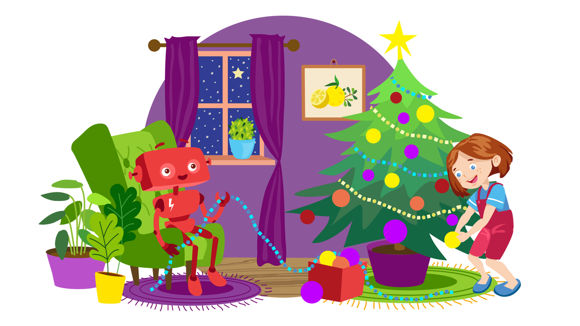 Ilustracja przedstawia salon w domu. W tle widać fioletową ścianę z oknem po lewej stronie. Za oknem rozpościera się rozgwieżdżone nocne niebo. Na jasnobrązowym parapecie stoi zielona roślina w niebieskiej donicy. Nad oknem wisi ciemnobrązowy karnisz z dwiema ciemnofioletowymi zasłonami po bokach. Zasłony sięgają podłogi i są przewiązane wstążkami w połowie długości. Na prawo od okna wisi na ścianie obrazek w brązowej ramie. Przedstawia owoc cytryny z dwoma zielonymi listkami, opierającą się o nią połowę drugiego owocu cytryny oraz krótką, brązową gałązkę z licznymi zielonymi listkami. Tło obrazka jest beżowe. Po lewej stronie pomieszczenia stoi zielony fotel uszak, pod którym leży okrągły, fioletowy dywan z frędzlami. Obok, na podłodze, są dwie zielone rośliny w kolorowych doniczkach. Na fotelu siedzi uśmiechnięty Zgrzytek. Trzyma w rękach łańcuch choinkowy. Po prawej stronie ilustracji, na okrągłym, zielonym dywanie z pomarańczowymi frędzlami, stoi duża choinka w donicy ozdobiona bombkami, łańcuchami i dużą gwiazdą na czubku. Na podłodze, przy choince, znajduje się pudełko z kolorowymi bombkami. Obok stoi uśmiechnięta Maja. Jest ubrana w niebieską bluzkę z krótkimi rękawami, krótkie, różowe spodnie ogrodniczki i niebieskie buty. Trzyma w rękach żółtą bombkę, którą wiesza na choince.