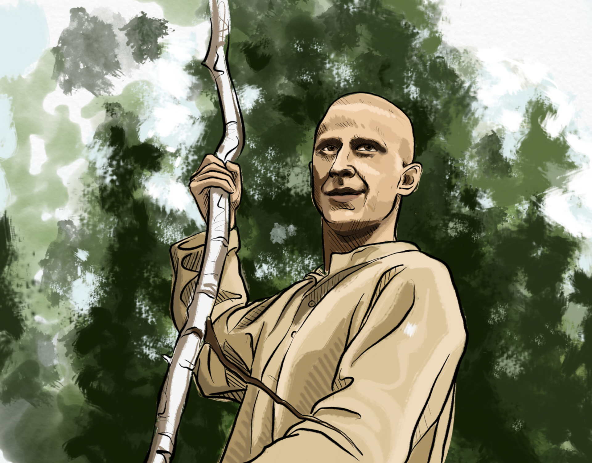 Ilustracja przedstawia młodego, wygolonego na łyso mężczyznę. Jest on ubrany w luźną koszulę. W prawej dłoni trzyma długo, brzozowy kij.