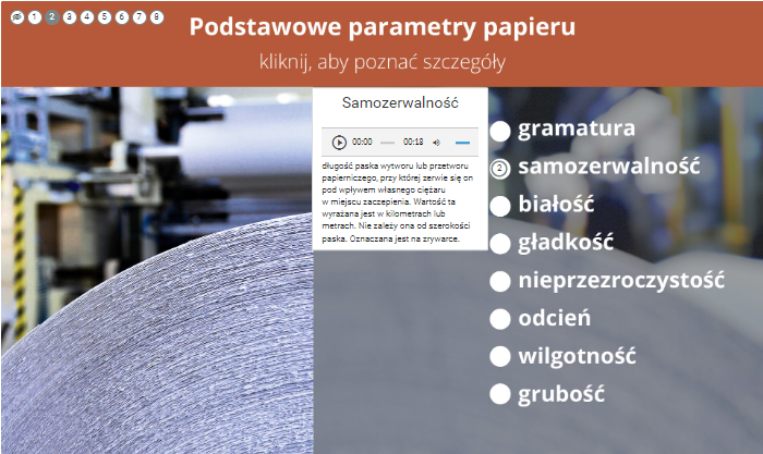 Grafika przedstawia planszę interaktywną ze znacznikami. U góry znajduje się brązowy pasek z napisem Podstawowe parametry papieru Kliknij aby poznać szczegóły. Poniżej na tle zdjęcia papieru zwiniętego w rolkę znajduje się osiem punktów ze znacznikami. Drugi z punktów Samozerwalność jest rozwinięty i wyświetla się jego opis wraz z nagraniem.