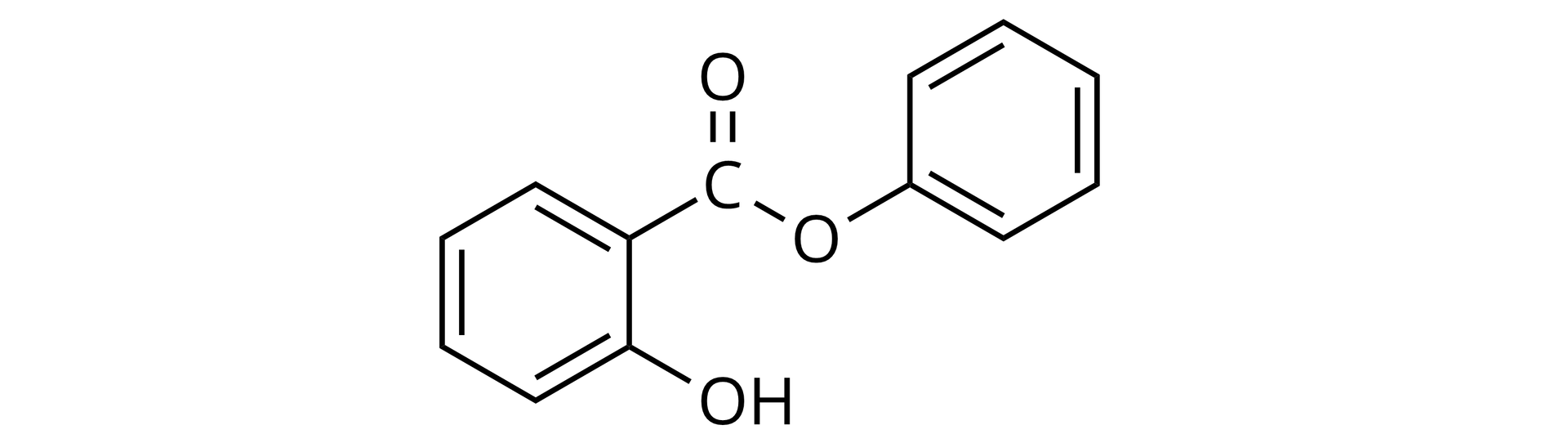 Ilustracja przedstawiająca wzór 2-hydroksybenzoesanu fenylu zbudowanego z sześcioczłonowego pierścienia z aromatycznego podstawionego grupą hydroksylową OH. Sąsiedni atom węgla w pierścieniu łączy się z atomem węgla związanym za pomocą wiązania podwójnego z atomem tlenu oraz za pomocą wiązania pojedynczego z kolejnym atomem tlenu podstawionym sześcioczłonowym pierścieniem aromatycznym.