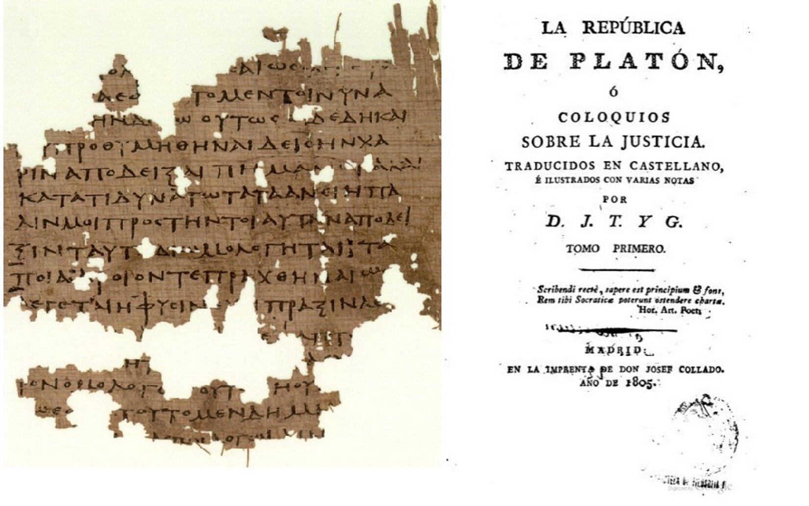 Na ilustracji umieszczono fragment zniszczonego papirusu w kolorze brązowym. Znajduje się na nim fragment dialogu Platona „O państwie” zapisany starożytnym greckim alfabetem. Papirus został przyklejony na jasnym tle. Obok znajduje się strona tytułowa tego dzieła Platona, z książki wydanej w 1805 roku.