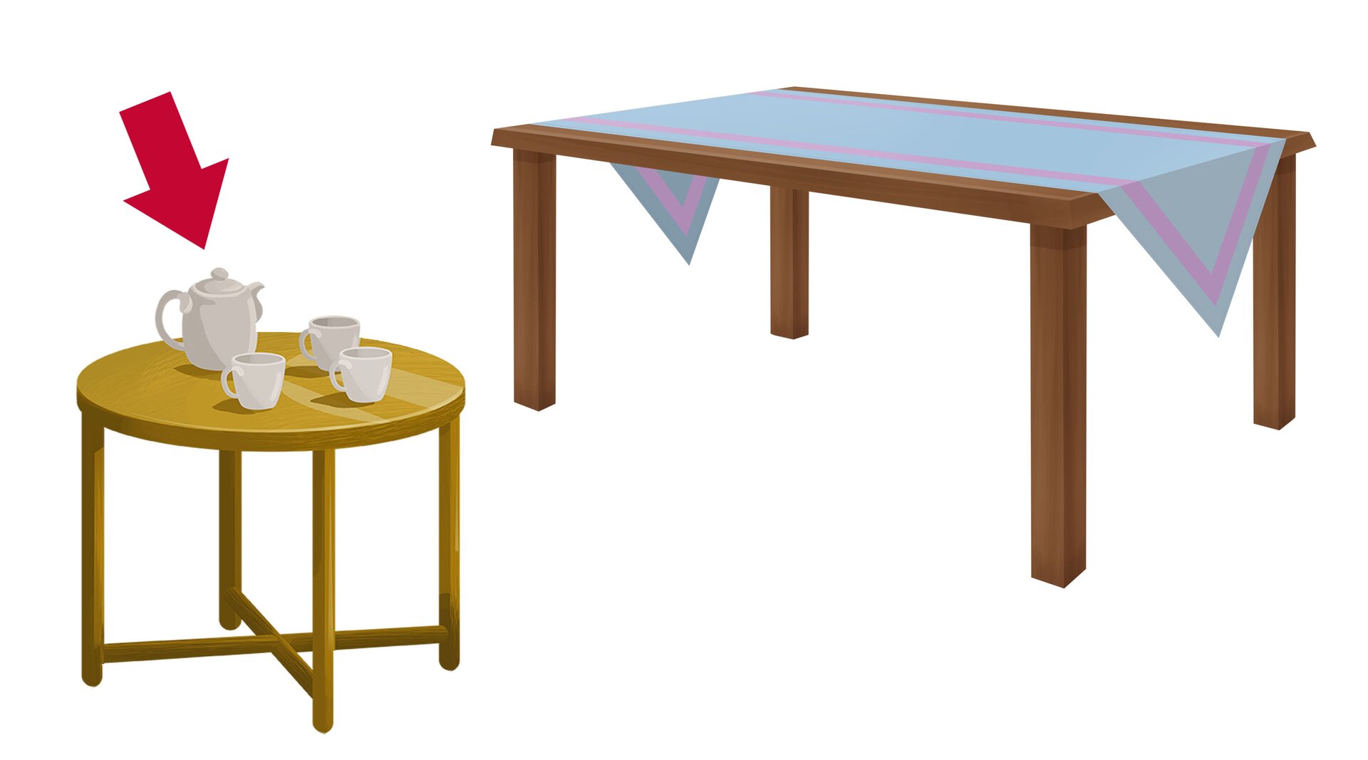 Ilustracja przedstawia duży stół oraz okrągły stolik kawowy. Czerwona strzałka wskazuje na mały stolik.