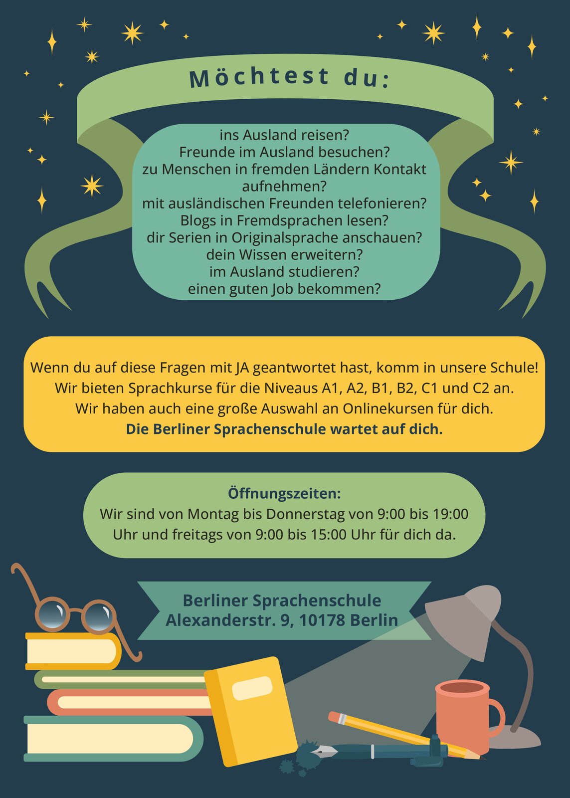 Ilustracja przedstawia plakat. Na górze plakatu umieszczono gwiazdki. Na samym dole widoczne są książki, zeszyty, okulary, przybory do pisania, kubek i lampka. Transkrypcja plakatu dostępna jest poniżej.