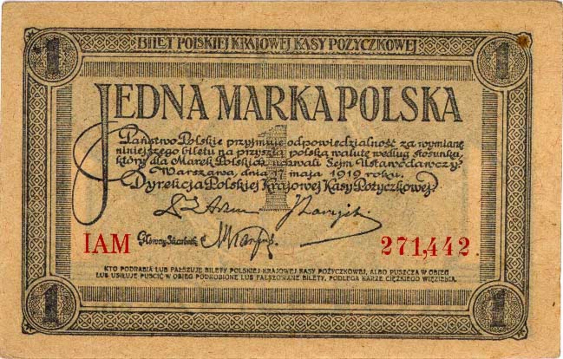 Fotografia przedstawiająca banknot jednej marki polskiej.