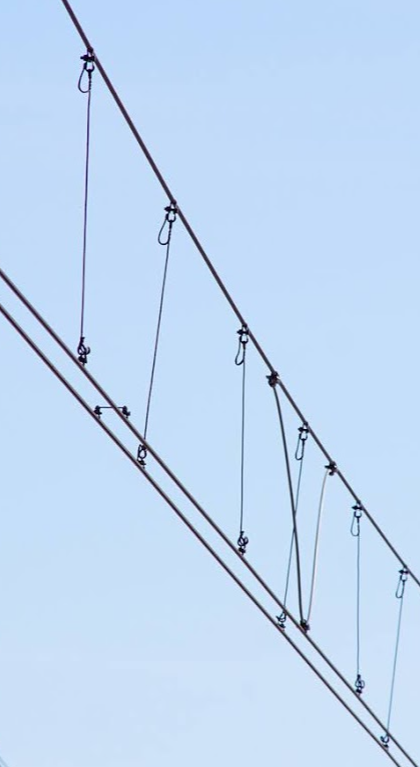 Zdjęcie pokazuje sieć jezdną. Widoczne na zdjęciu są lina nośna oraz dwa druty jezdne. Druty zawieszone są pod liną nośną za pomocą wieszaków, które na zmianę przyczepione są do jednego i drugiego drutu. 