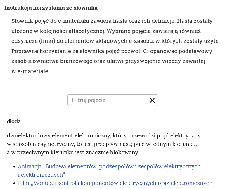 Grafika przedstawia widok na górną część słownika. Na górze znajduje się otwarty panel z instrukcją. Niżej pole do filtrowania haseł. Na dole widoczne jest hasło wraz z definicją oraz hiperłączami do zakładek, w którym termin się znajduje.