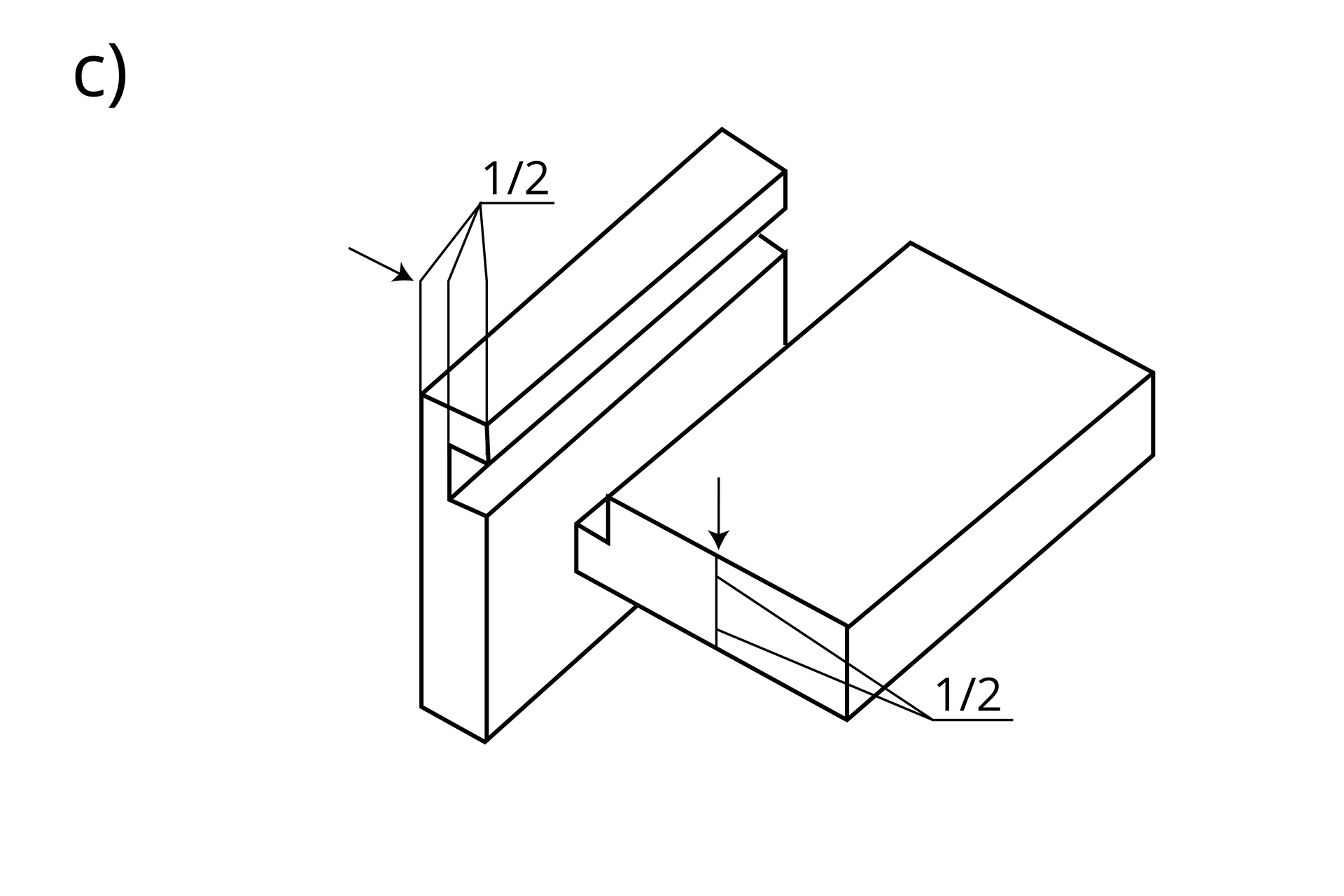 Rysunek złącza wręgowo‑wpustowego. W jednym elemencie wycięty jest wrę na całej jego szerokości, zaś w drugim odpowiadający mu wpust.