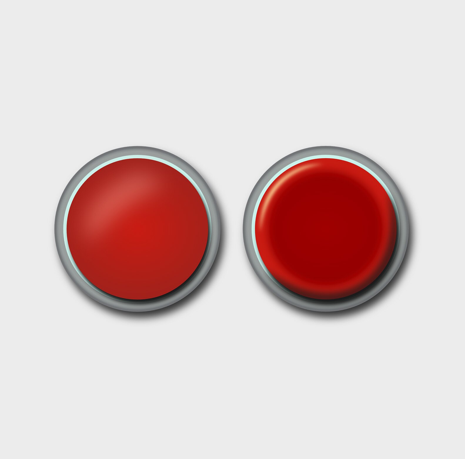 Grafika przedstawia dwa okrągłe czerwone przyciski, otoczone szarymi obręczami. Przycisk po lewej stronie jest półkulisty, a po prawej płaski.