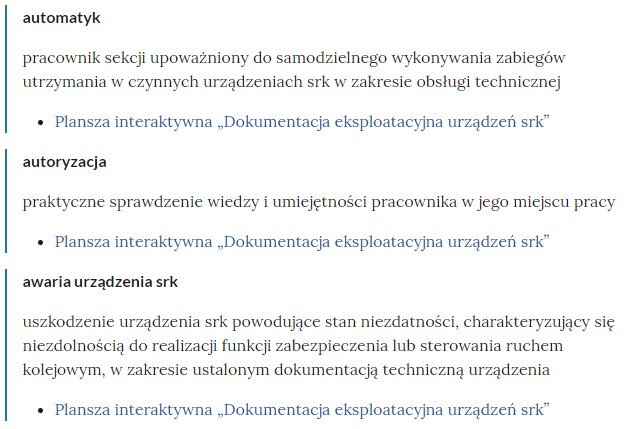 Zrzut ekranu przedstawia kilka pojęć ze Słownika. Konstrukcja jest następująca: pojęcie, poniżej jego wyjaśnienie, a pod nim znajduje się link, po którego kliknięciu użytkownik przenosi się do rozdziału w tym materiale, w którym dane pojęcie jest wykorzystywane. Linków może być jeden lub kilka, w zależności od tego, w ilu rozdziałach użyto pojęcia.