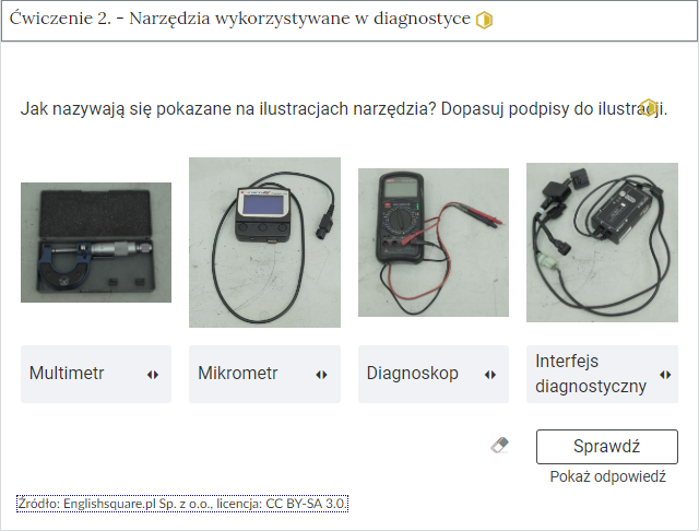 Przykładowy wygląd rozwiniętej zakładki z ćwiczeniem typu "dopasuj".