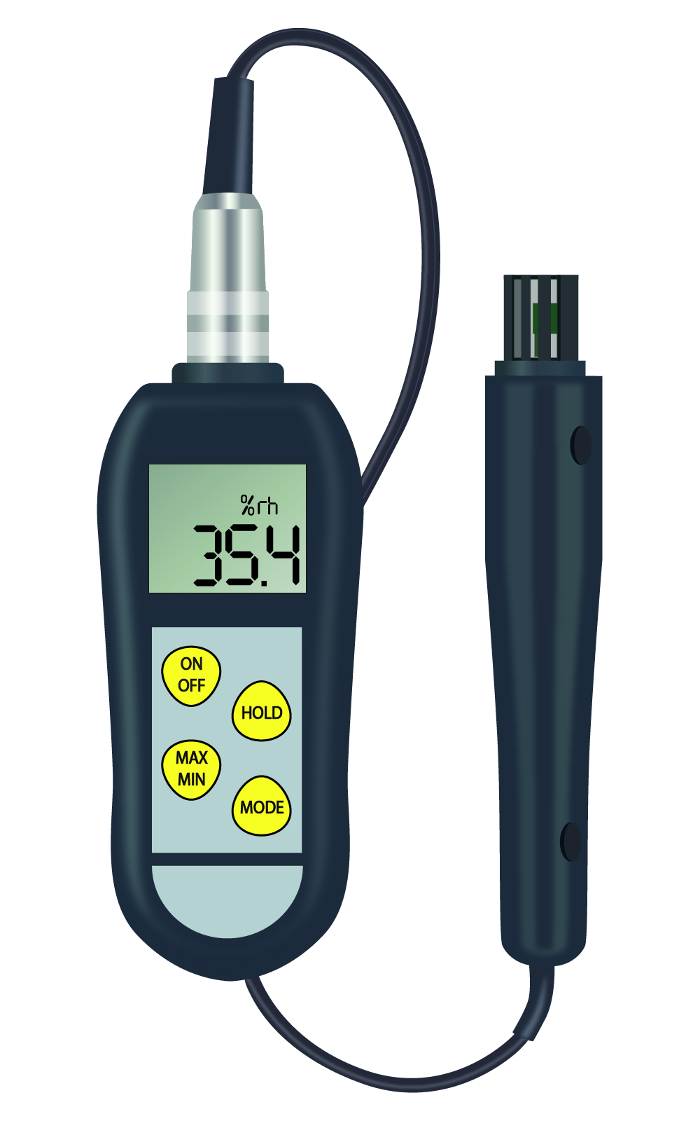 Zdjęcie przedstawia poglądowo higrometr. Po prawej stronie jest czarne, podłużne urządzenie z wyświetlaczem, na którym wyświetlona jest liczba "35.4", na dole urządzenie cztery żółte klawisze na szarym tle. Z urządzenia wychodzi przewód do czarnego podłużnego czujnika, który ułożony jest równolegle do higrometru.