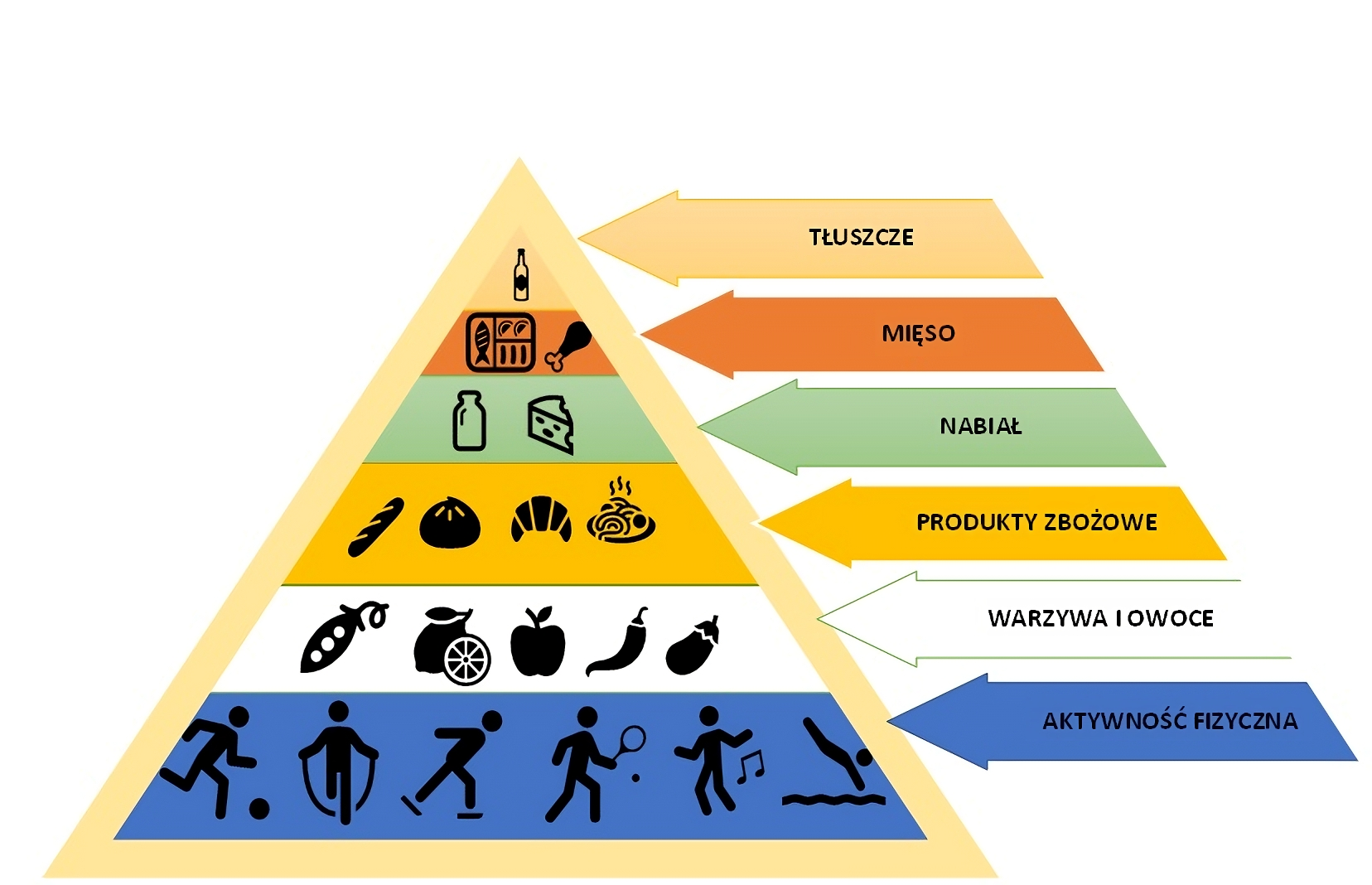 Ilustracja przedstawia piramidę żywieniową. Piramida składa się z 6 poziomów. Na pierwszym dolnym poziomie koloru niebieskiego znajdują się ikony przedstawiające ludzi uprawiających sport (piłkę nożną, skakanie na skakance, łyżwiarstwo, tenis, taniec, skoki do wody). Drugi poziom ma białe tło i umieszczone są na nim ikony owoców i warzyw (groszek, cytryna, jabłko, papryka, bakłażan). Trzeci poziom ma żółte tło i umieszczone są na nim ikony produktów zbożowych (bagietka, chleb, rogal, parujący na talerzu makaron). Czwarty poziom ma tło seledynowe i umieszczone są na nim ikony nabiału (butelka mleka i ćwiartka sera żółtego).  Piąty poziom ma kolor pomarańczowy i zawiera ikony mięsa (konserwę rybną i podudzie drobiowe). Ostatni poziom koloru łososiowego zawiera ikonę tłuszczy (butelka oleju). Obok piramidy znajdują się strzałki informujące jakie produkty znajdują się na każdym poziomie, czyli kolejno aktywność fizyczna, warzywa i owoce, produkty zbożowe, nabiał, mięso, tłuszcze.