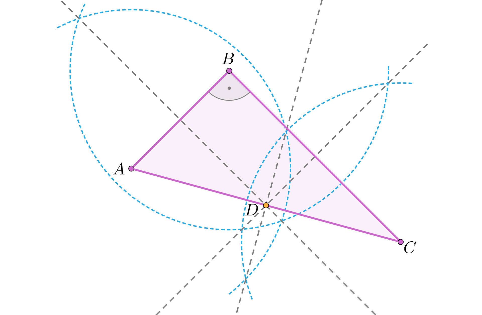 Ilustracja przedstawia trójkąt prostokątny A B C, przy czym kąt ABC jest kątem prostym. Z każdego wierzchołka narysowano łuk o takim samym promieniu. Przez wierzchołki oraz punkty przecięcia się łuków liniami przerywanymi poprowadzono proste. Punkt przecięcia się prostych zaznaczono literą D, punkt ten leży na przeciwprostokątnej tego trójkąta.