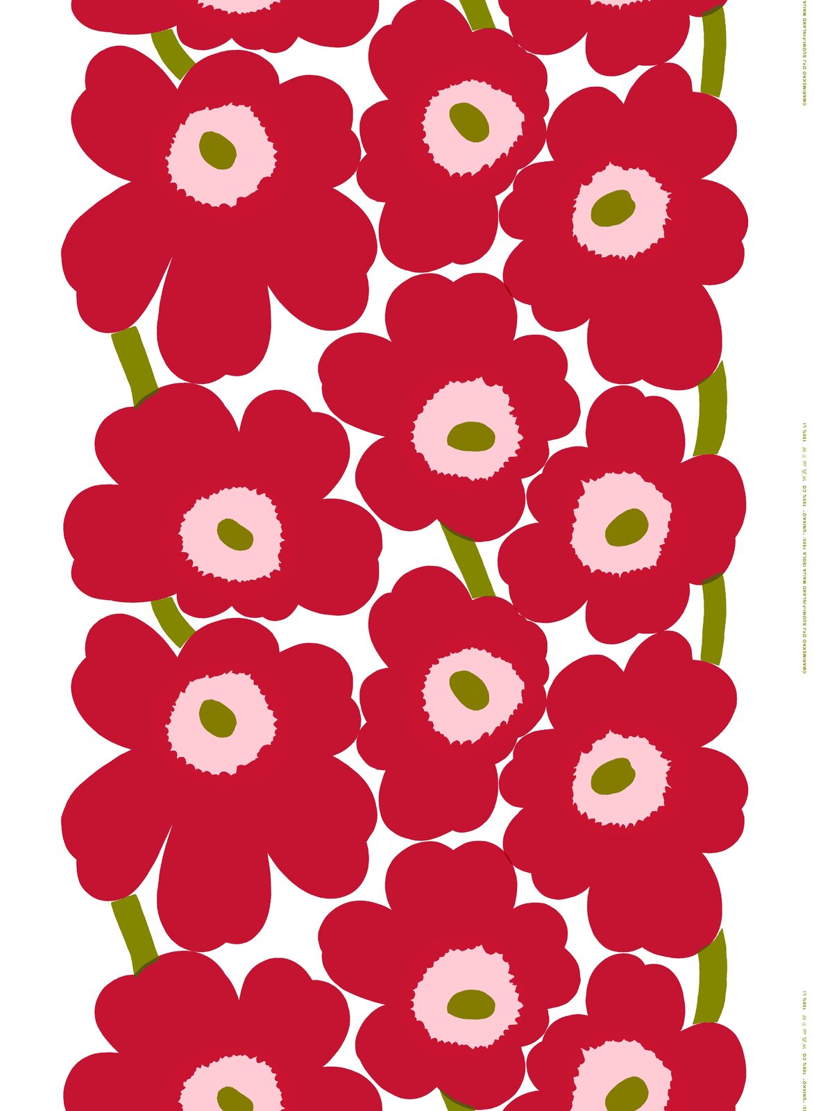 Ilustracja przedstawia tak zwany wzór Unikko stworzony przez Maiję Isolę, który miał łączyć ludowe wzory z nowoczesnymi formami. Wzór składa się z czerwonych kwiatów o zielonych łodygach, różowym środku oraz zielonym punkcie w samym jego centrum. Został on umieszczony na białej tkaninie. Kwiaty przedstawiono blisko siebie, niektóre dotykają się płatkami.