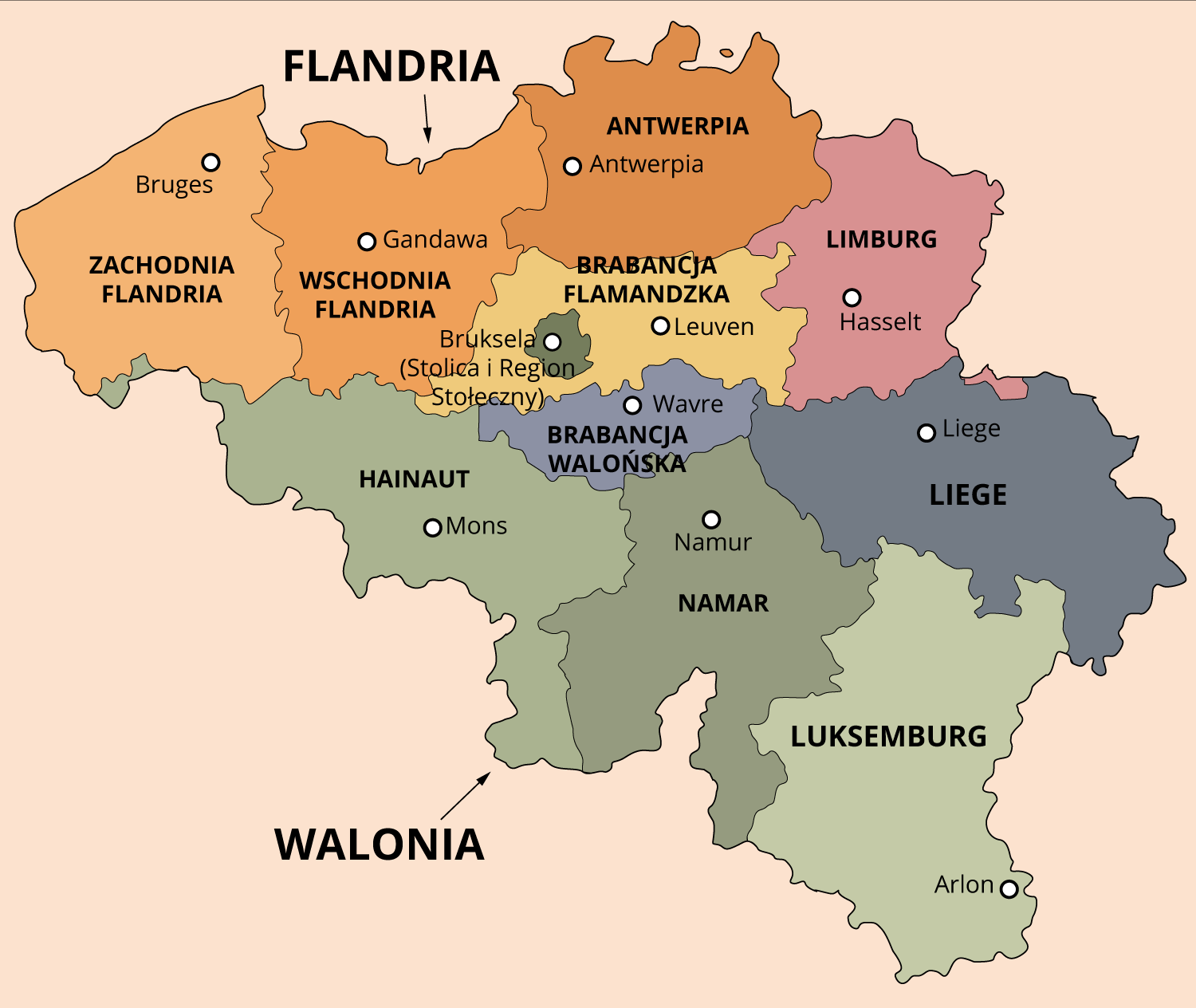 Mapa przedstawiająca regiony Belgii wraz z miastami. Są to: Zachodnia Flandria z Bruges. Wschodnia Flandria z Gandawą. Antwerpia z Antwerpią. Limburgem z Hasseltem. Barbancja Flamandzka z Leuven. Bruksela (Stolica i Region Stołeczny). Hainaut z Mons. Namar z Namurem. Liege z Liege. Luksemburg z Arlon.