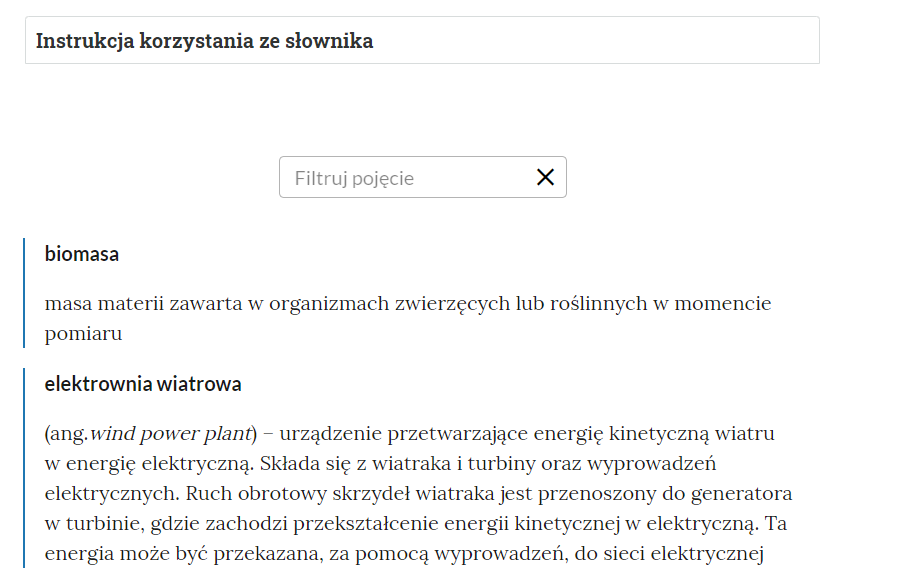Widok na górną część słownika z polem filtrowania haseł słownika