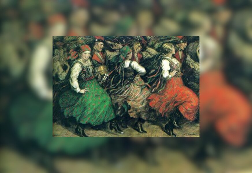 Obraz przedstawia pary chłopek i chłopów w krakowskich strojach ludowych, tańczących krakowiaka.