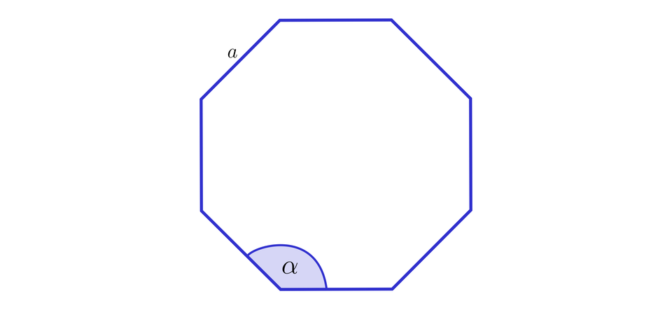 Ilustracja przedstawia ośmiokąt foremny. Jego długości boków oznaczone zostały jako a, natomiast kąt utworzony  pomiędzy dwoma ścianami jako kąt alfa.