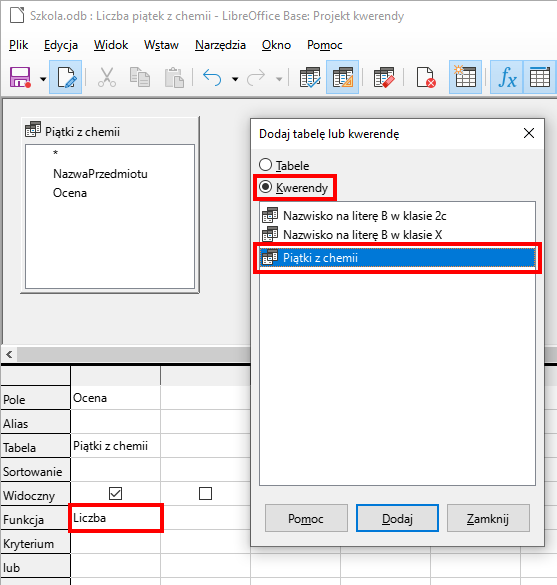 Zrzut ekranu przedstawia kreator kwerend w programie LibreOffice Base o nazwie Liczba piątek z chemii.Na górze znajduje się tabela o nazwie Piątki z chemii zawierająca pola: Nazwa Przedmiotu oraz Ocena. Poniżej znajduje się tabela z 8 wierszami: Pole, Alias, Tabela, Sortowanie, Widoczny, Funkcja, Kryteria, lub. W wierszu Pole wpisano Ocena.Wiersz Alias jest pusty. W wierszu Tabela wpisano Piątki z chemii. Wiersz sortowanie jest pusty.W wierszu Widoczny znajdują się pola wyboru.W wierszu funkcja wpisane jest Liczba(zaznaczone czerwonym prostokątem) Wiersz Kryterium jest pusty. Wiersz lub jest pusty. Po prawo znajduję się okno dodaj tabelę lub kwerendę, w którym wybrano opcje Kwerendy(zaznaczone czerwonym prostokątem). Poniżej znajdują się nazwy kwerend, w której kwerenda Piątki z chemii jest zaznaczona czerwonym prostokątem.