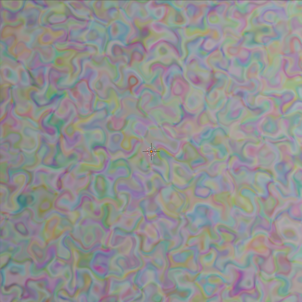 Ilustracja przedstawia teksturę typu Noise wygenerowaną w Blenderze. Tekstura składa się z wielu chaotycznie ułożonych linii o różnych barwach na szarym tle. Na teksturze widoczny jest kursor myszki o kształcie okręgu z krzyżykiem.