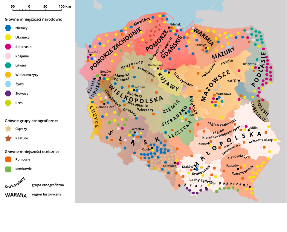 Mapa Polski przedstawia rozmieszczenie mniejszości narodowych, grup etnograficznych oraz mniejszości etnicznych w Polsce. Poszczególne regiony oznaczone są na mapie różnymi kolorami, a na nich znajdują się kolorowe punkty symbolizujące główne mniejszości narodowe zgodnie z legendą. Poczynając od północy na Pomorzu Zachodnim zamieszkują Słowińcy, w okolicach Szczecina spotyka się mieszkańców reprezentujących mniejszość białoruską, ukraińską, wietnamską, rosyjską oraz Romów. Wzdłuż wybrzeża zamieszkują Ukraińcy oraz Niemcy. Kolejny wyznaczony region historyczny to Pomorze Gdańskie; zamieszkują go Borowiacy i Kociewiacy. W okolice Gdańska spotyka się Romów, Niemców, Ukraińców, Wietnamczyków, Białorusinów i Rosjan. Na tym terenie można spotkać również Kaszubów oraz rozsianych po całym obszarze Niemców. Następna kraina geograficzne to Warmia: w okolicach Olsztyna spotyka się mniejszości narodowe takie jak Wietnamczycy, Niemcy, Ukraińcy. Obok znajdują się Mazury; na tym terenie można spotkać dużą liczbę Ukraińców oraz Niemców. Na obszarze Podlasia, gdzie w centrum znajduje się Białystok, można spotkać Litwinów, a w jego północnej części Rosjan, Białorusinów i Ukraińców. W okolicach Białegostoku mieszkają w Romowie, Ukraińcy, Rosjanie, Białorusini oraz Litwini. Z tym terenem sąsiaduje Mazowsze: w okolicach Warszawy mieszkają prawie wszyscy przedstawiciele mniejszości narodowych: Romowie, Niemcy, Ukraińcy, Białorusini, Rosjanie, Litwini, Wietnamczycy, Żydzi. Na terenie Mazowsza żyją również takie grupy etnograficzne jak Kurpie, Księżacy, Dobrzyniacy,  Poborzanie. Kolejny region historyczny wyznaczony na mapie to Wielkopolska; na jej terenie zamieszkują Krajniacy, Pałuczanie, Biskupianie, Dzierżacy, Chazacy i Mazurzy Wileńscy. Kolejny region historyczny to Kujawy: w okolicach Bydgoszczy można spotkać przedstawicieli Rosjan, Romów, Niemców i Ukraińców. Do Wielkopolski przylega niewielki, wyodrębniony teren: mieszkają tam Chwalimiacy. Przy granicy z Niemcami znajduje się Ziemia Lubuska oraz Łużyce; można tam spotkać mniejszość niemiecką. Kolejny bardzo duży region historyczny na mapie Polski to Śląsk. Okolice Zielonej Góry zamieszkują Ukraińcy, Romowie, Łemkowie, Rosjanie i Niemcy. Poniżej, w okolicach Wrocławia żyją Łemkowie, Ukraińcy, Niemcy, Żydzi, Romowie, Rosjanie i Ukraińcy. W okolicach Opola i Katowic w bardzo dużej ilości Ślązacy, Niemcy a także w mniejszej ilości Romowie i Ukraińcy. Następny wydzielony obszar to Ziemia Sieradzko – Łęczycka. W okolicach Łodzi spotyka się Rosjan, Ukraińców, Romów, Żydów, Niemców i Białorusinów. Niewielki teren przylegający do granicy wschodniej to Polesie Lubelskie - na jego terenie występują Białorusini. Największy wydzielony na mapie region historyczny to Małopolska. Wydzielono na nim począwszy od północy tereny zamieszkiwane przez grupy etnograficzne: region radomski, region kielecko - świętokrzyski, region sandomierski, Krzczonowiacy, Lasowiacy, Rzeszowiacy, Krakowiacy, Lachy Sądeckie, Górale i Pogórzanie. Występują tam w dużej ilości Słowacy i Czesi wzdłuż południowej granicy kraju, a także Ukraińcy wzdłuż granicy wschodniej, a w centrum Romowie. W okolicach Krakowa w można spotkać Rosjan, Ukraińców, Romów, Niemców, Wietnamczyków. W okolicach Lublina skupiają się Romowie, Rosjanie, Ukraińcy i Białorusini.