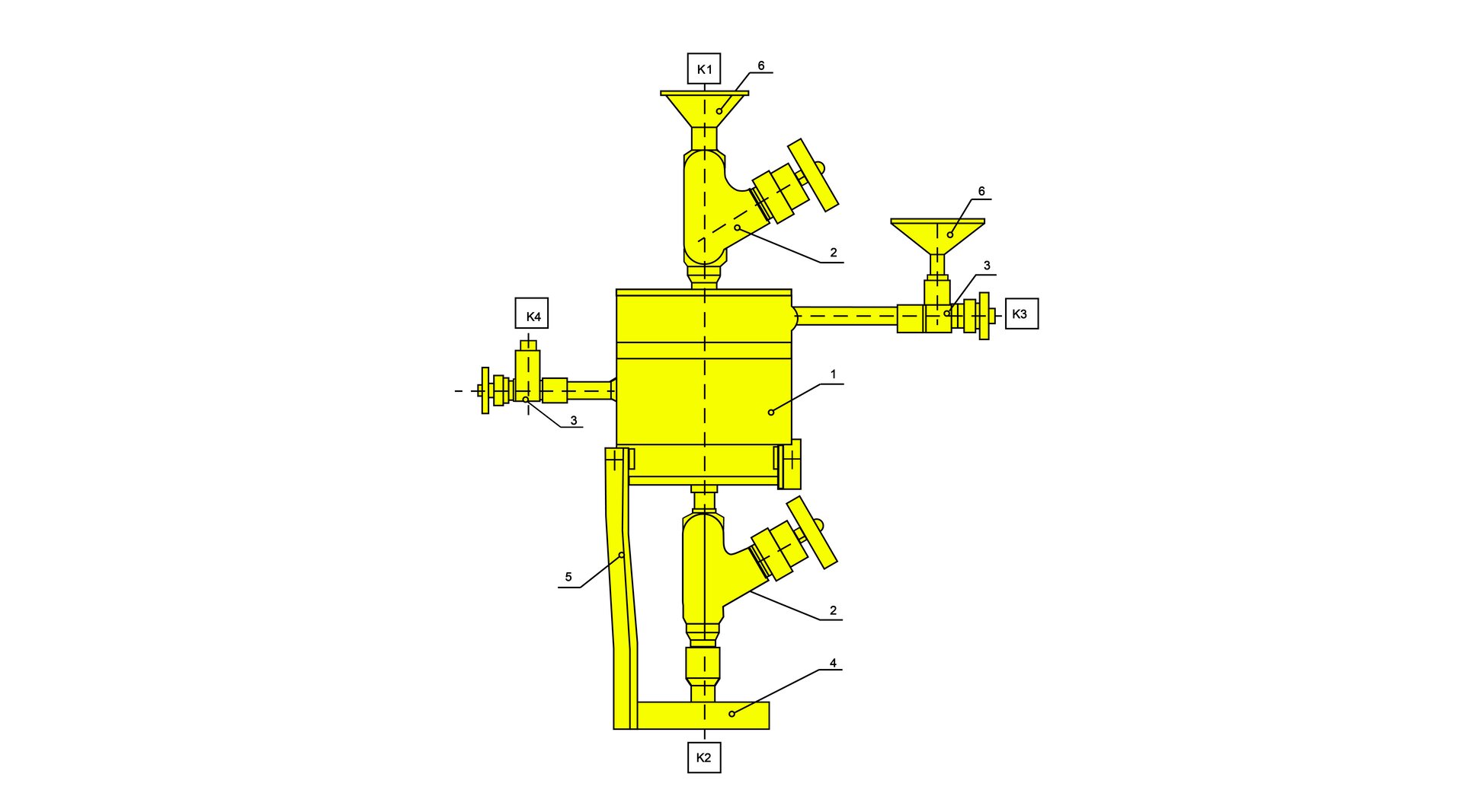 Na zdjęciu widać schemat dawkownika metanolu wraz z opisem. Dawkownik wykorzystywany jest w celu chwilowego zapobieżenia powstania hydratów czyli nietrwałych związków wody w postaci ciekłej z gazem w formie korków. Dlatego na drodze pomiędzy odwiertem a separatorem. do strumienia gazu dawkowany jest metanol. Centralną częścią dawkonika jest jego zbiornik, który narysowany jest jako żółty prostokąt z przyporządkowaną cyfrą 1. Nad nim znajduje się element który rozdziela się na dwie części. Górna część w kształcie lejka ma przypisaną cyfrę 6 i opis lejek, druga główna cześć ma przypisaną cyfrę 2 i opis zawór ciśnieniowy. Zawór zakończony jest elementem przypominającym ;pokrętło. Nad lejkiem znajduje się oznaczenie K1 oznaczające napełnianie metanolem. Po prawej stronie kołnierza znajduje się element w kształcie rury na końcu której znajduje się pokrętło oraz symbol K4 oznaczający kurek manometryczny. Przed pokrętłem do niewielkiego kwadratu poprowadzona jest cienka czarna linia z cyfrą 3 oznaczającą kurek manometryczny. Nad elementem znajduje się lejek z przypisaną cyfrą 6. Poniżej zbiornika metanolu znajduje się zawór ciśnieniowy który ma przypisany cyfrę 2. Po prawej stronie zaworu ciśnieniowego znajduje się pokrętło. Poniżej zaworu znajduje się element w kształcie poziomego cienkiego prostokąta z przypisaną cyfrą 4 oznaczającą kołnierz połączeniowy. Pod kołnierzem znajduje się symbol K2  określający spust.Do lewego końca kołnierza przylega cienki prostokątny element, który skierowany jest pionowo w górę i który łączy się ze zbiornikiem metanolu. Elementowi temu przypisana jest cyfra 5 oznaczająca płaskownik wzmacniający. Po lewej stronie kołnierza znajduje się element w kształcie rury do którego przyłączony jest cześć w kształcie pionowego cienkiego prostokąta z przypisaną cyfrą 3 oznaczającą kurek manometryczny. Sekcja ta zakończona jest elementem w kształcie kurka. Nad oznaczeniem kurka znajduje się symbol K4 określający kurek manometryczny. Poniżej rysunku znajduje się następujący podpis zawierający symbole i cyfry wraz z ich znaczeniem. K1. Napełnianie metanolem K2-. Spust. K3 Przelew. K4. Kurek manometryczny. 1. Zbiornik metanolu. 2. Zawór ciśnieniowy. 3. Kurek manometryczny. 4. Kołnierz połączeniowy. 5. Płaskownik wzmacniający. 6. Lejek.