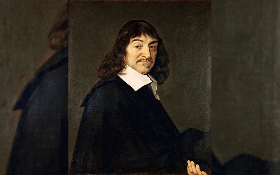 Obraz przedstawia portret dojrzałego mężczyzny. Mężczyzna ma owalną twarz. Jego włosy są półdługie, falujące, starannie ułożone. Sięgają ramion. Mężczyzna ma wyraźnie zaznaczone brwi i wyraziste oczy. Jego nos jest duży. Mężczyzna ma niewielkie wąsy i krótką brodę tuż pod dolną wargą. Ubrany jest w obszerną, ciemną szatę. Pod szyją ma duży, biały kołnierz. W ręku trzyma kapelusz.