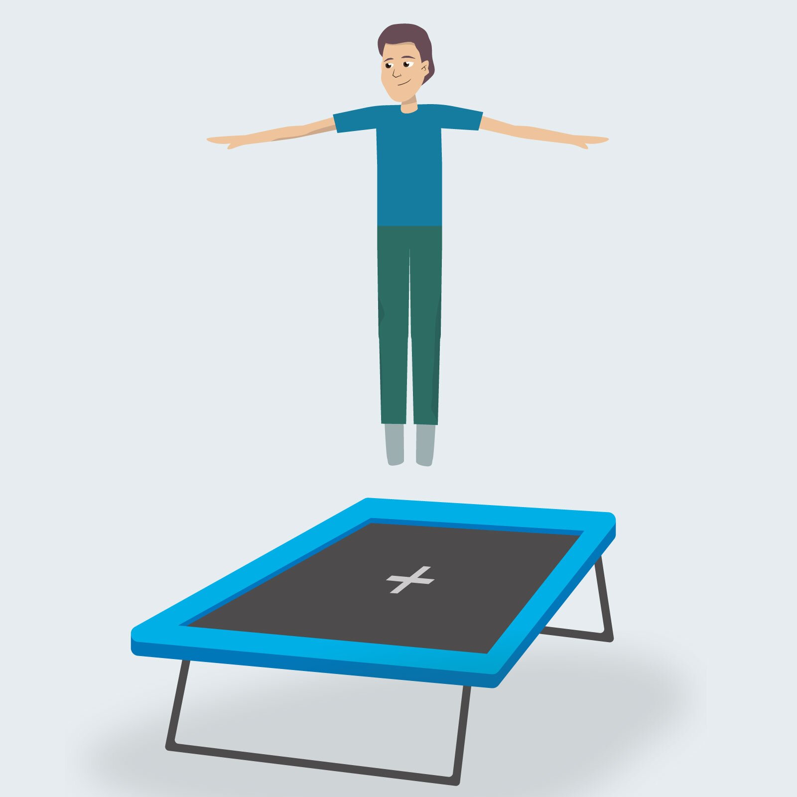 Ilustracja przedstawia osobę skaczącą na trampolinie, w szczycie skoku.