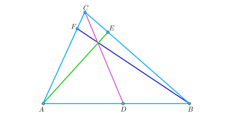 Ilustracja przedstawia trójkąt A B C oraz jego trzy wysokości. Z wierzchołka A poprowadzono odcinek A E padający na odcinek B C, z wierzchołka B poprowadzono odcinek B F padający na odcinek A C, natomiast z wierzchołka C poprowadzono odcinek C D padający na odcinek A B. Wszystkie trzy wewnętrze odcinki przecinają się w jednym punkcie. 