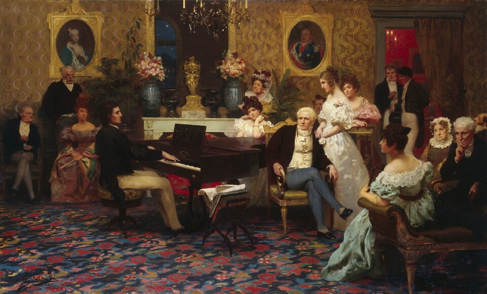 Ilustracja przedstawia obraz Chopin gra u Radziwiłłów autorstwa Henryka Siemiradzkiego. Dzieło wykonane zostało w 1887 roku. Wokół kompozytora siedzą słuchacze, Chopin skupiony na wykonywanym zadaniu gra na fortepianie. Na ścianie wiszą dwa portrety.