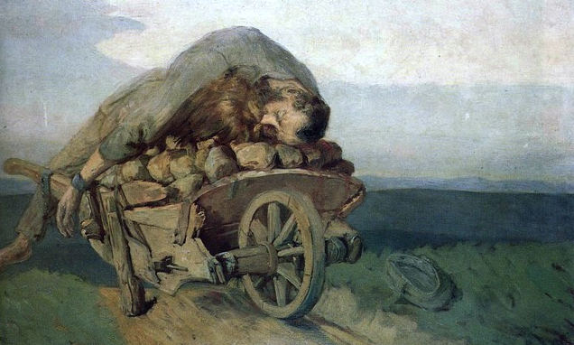 Ilustracja przedstawia zmarłego mężczyznę znajdującego się na wozie pełnym kamieni. Ubrany w obszarpane szaty, bosy. Za nim rozciąga się bezkres pól i lasów. 