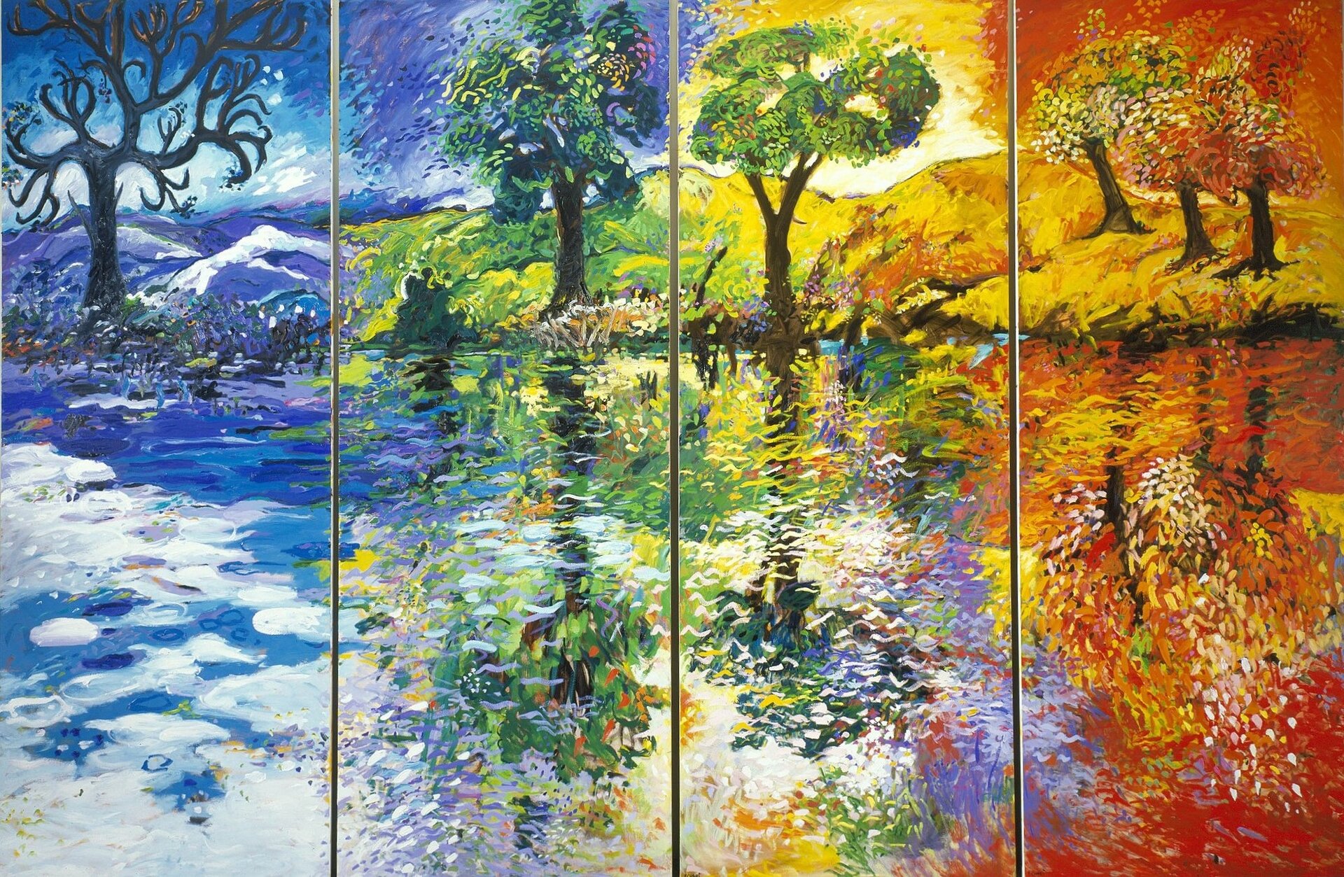 Zdjęcie przedstawia obraz składający się z czterech części. Każda z części przedstawia kolejną porę roku. Pierwsza jest zima, widać bezlistne drzewo stojące na brzegu zamarzniętego zbiornika wodnego. Druga jest wiosna. Widać zielono ulistnione drzewo rosnące na brzegu zbiornika wodnego. W tle widać zielone pole. Kolejne jest lato. Widać zielono ulistnione drzewo rosnące na brzegu zbiornika wodnego. W tle widać żółte pole. Ostatnie zdjęcie ukazuje jesień. Widać pomarańczowo ulistnione drzewa rosnące na brzegu zbiornika wodnego, w tle widać żółte pole.