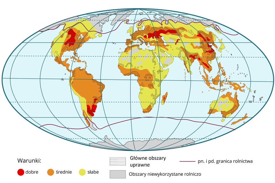 Na mapie kolorami zaznaczono warunki klimatyczno‑glebowe rozwoju rolnictwa. Warunki średnie dla rozwoju rolnictwa na świecie posiadają: w Europie - Niziny: Francuska, Śląska, Węgierska, Rumuńska i Padańska, Wyżyny: Bawarska i Czesko‑Morawska, Ukraina i południowo‑zachodnia Rosja; w Azji - Niziny: Chińska, Mandżurska i Gangesu, północny Kazachstan i delta Mekongu, Półwysep Indochiński, Malezja, Indonezja; w Afryce - południowe krańce RPA, centralna i zachodnia część (nad Zatoką Gwinejską); w Australii - obrzeża kontynentu z wyjątkiem zachodniego wybrzeża; w Ameryce Północnej - Wielkie Równiny oraz Kalifornia; w Ameryce Południowej - znaczna część kontynentu z wyjątkiem południowych kranców i zachodniego wybrzeża. Dobre warunki dotyczą: południowej części Niziny La Platy oraz południowo‑wschodniej części Wyżyny Brazylijskiej, centralny Madagaskar, centralna Ameryka Północna, południowy zachód i centrum Rosji, obszary na wschodzie Azji, północno‑wschodnie Indie, środkowa część Półwyspu Indochińskiego. Obszary słabe: zachodnie wybrzeże Ameryki Południowej, północne część i zachodnia Ameryki Północnej, znaczna część Afryki - północna, wschodnia, południowa, centralna i zachodnia Australia, cały Półwysep Arabski, centralna, południowa część Azji, pas biegnący przez środek Rosji z zachodu na wschód, Skandynawia. Obszary uprawne: Nizina La Platy, wschodnie wybrzeże Ameryki Południowej, centralna i wschodnia część Ameryki Północnej, obszary w Europie pokrywające się z warunkami średnimi, wschodnia część Azji, północno‑wschodnia część Indii, wschodnia i południowo‑wschodnia Australia, RPA, centralna Afryka i zachodnia - nad Zatoką Gwinejską, ale obszar o średnich warunkach jest tylko częściowo wykorzystany pod uprawy. Na mapie zaznaczono północną i południową granicę rolnictwa - przechodzi ona przez północne krańce kontynentów oraz południe Argentyny, a także poniżej Afryki i Australii.              