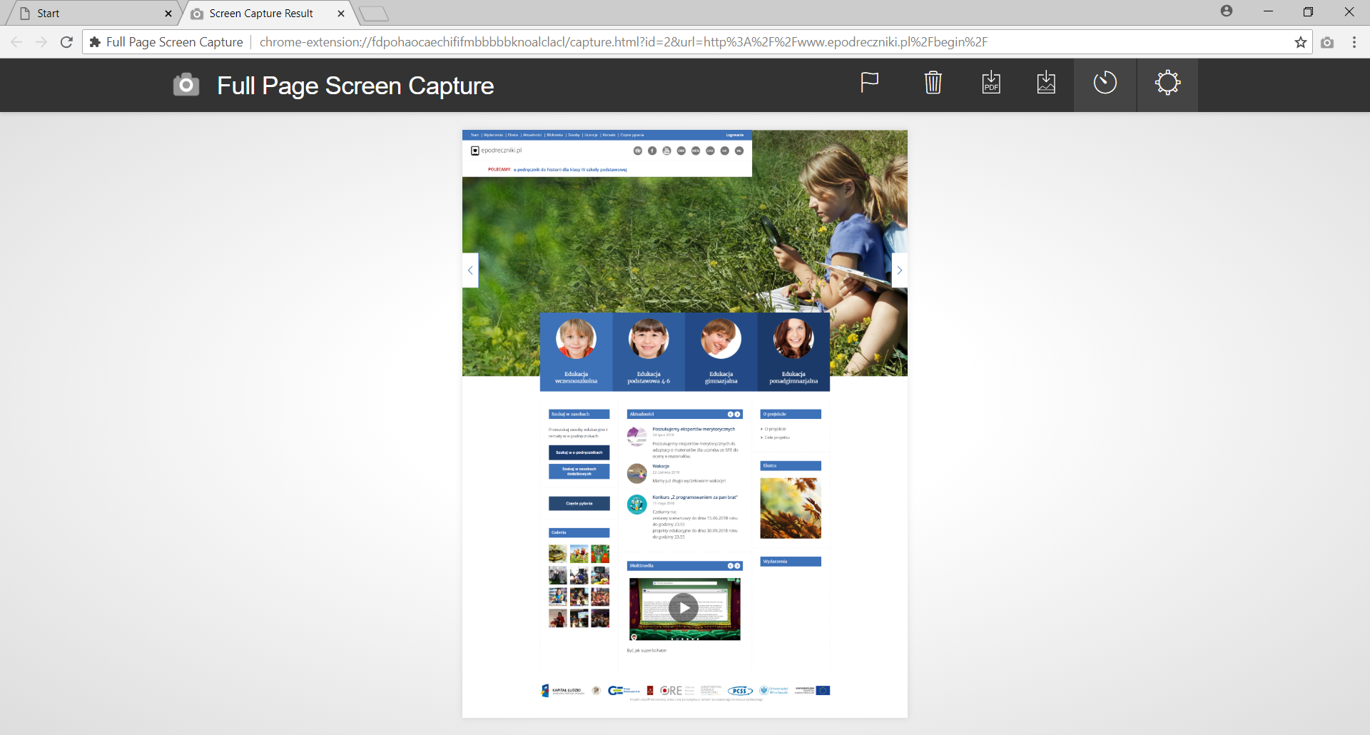 Okno przeglądarki - zrzut ekranu zrobiony za pomocą Full Page Screen Capture. widoczna jest cała strona epodreczniki pl, nawet te elementy, które w widoku standardowym przeglądarki są niewidoczne i aby je zobaczyć trzeba przewinąć stronę. Oprogramowanie Full Page Screen Capture pozwala na umieszczenie za zrzucie ekranu zawartość całej strony bez względu na jej rozmiar. Na górze strony widoczny jest pasek, na którym znajduje się rysunek aparatu fotograficznego oraz napis: Full Page Screen Capture. Dalej po prawej stronie ikono grafiki przedstawiające: flagę, kosz na śmieci, prostokąt z napisem PDF z wchodzącą strzałką od góry, prostokąt z dwoma trójkątami na dole z wchodzącą strzałką od góry, zegar z jedną wskazówką, koło zębate.