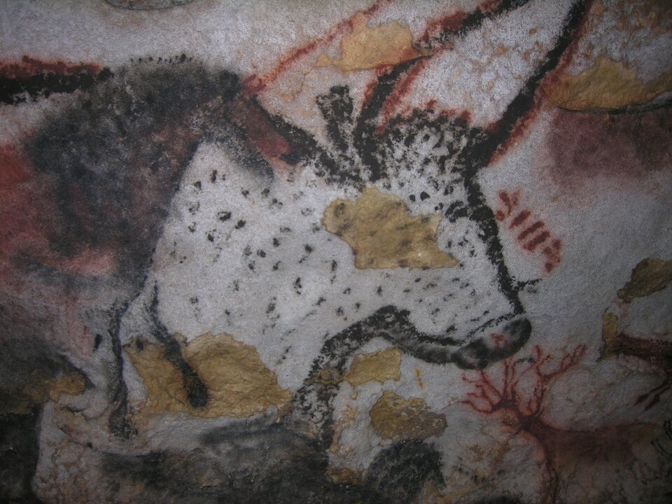 Zdjęcie przedstawia fragment malowideł w Sali Byków w jaskini Lascaux. Na ilustracji dominuje monumentalna sylwetka byka, ukazanego w dynamicznej pozie. Byk ukazany jest w pełnym profilu, zwrócony w lewo. Zwierzę jest potężne, z wyraźnie zaokrąglonym brzuchem i szerokimi.  Rogi ma mocno zaznaczone, wygięte, podkreślające siłę.  Poniżej ukazane są inne zwierzęta. Są mniejsze i ukazują jelenie i konie. Całość kompozycji jest dynamiczna. 