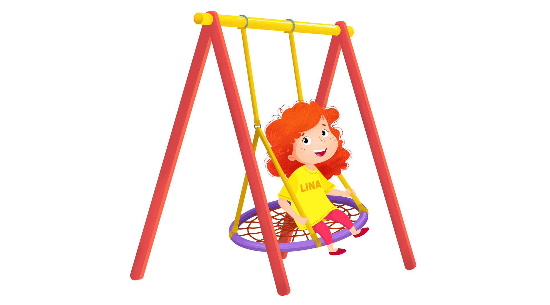 Ilustracja przedstawia dziewczynkę na huśtawce.