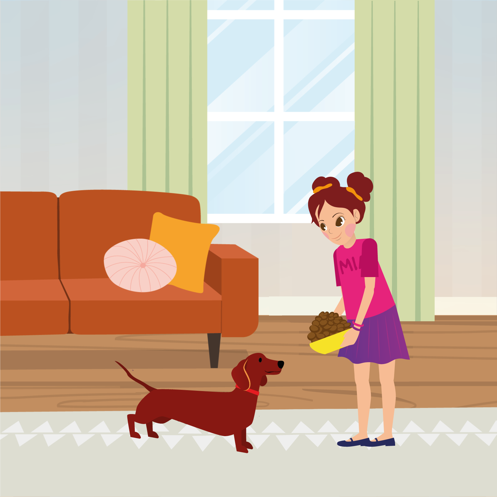 Ilustracja przedstawia dziewczynkę w różowej koszulce i fioletowej spódniczce, która stoi na dywanie w salonie z żółtą miską z psią karmą. Przed nią stoi piesek. Za nimi widzimy sofę i okno.