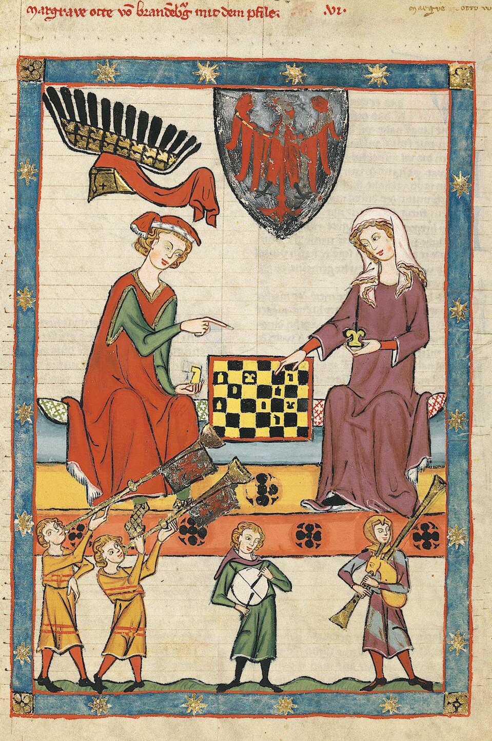 Na ilustracji 6 osób. Co ciekawe osoby na drugim planie są większe od osób na planie pierwszym. Na drugim planie mężczyzna i kobieta grają w szachy, mężczyzna pokazuje coś palcem prawej ręki na szachownicę, kobieta również wskazuje palcami prawej ręki szachownicę. W lewej ręce trzyma figurę szachową podobnie jak mężczyzna nad nimi. Herb na tarczy herbowej, poniżej 4 osoby grające na instrumentach.