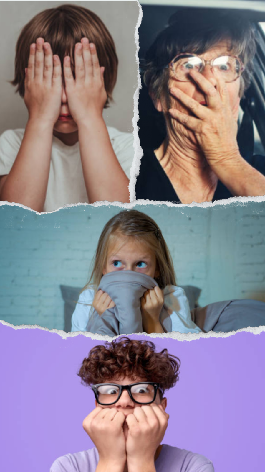 Zdjęcie przedstawia kolaż złożony z czterech zdjęć. Na pierwszym zdjęciu znajduje się kilkuletni chłopiec zasłaniający twarz dłońmi. Na drugim zdjęciu znajduje się starsza kobieta w okularach, która zasłania otwarte usta dłonią. Na trzecim zdjęciu znajduje się mała dziewczynka przyciskająca do twarzy kołdrę. Na czwartym zdjęciu znajduje się nastolatek przykładający do usta dłonie zaciśnięte w pięści.
