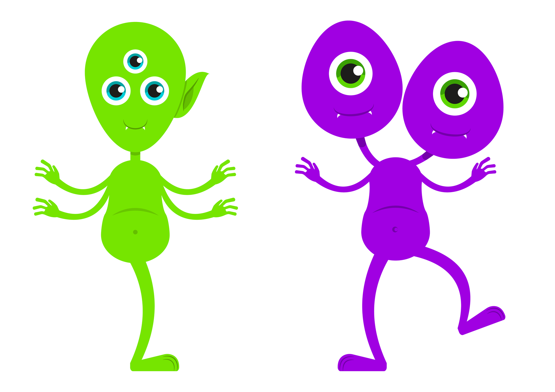 Ilustracja przedstawia dwa ufoludki. Pierwszy ufoludek jest zielony. Ma troje niebieskich oczu, jedną głowę, jedno ucho, cztery ręce, jedne usta oraz jedną nogę. Drugi ufoludek jest fioletowy. Ma dwie głowy, na każdej z nich ma po jednym zielonym oku i jedne usta. Nie ma uszu. Posiada dwie ręce i dwie nogi.