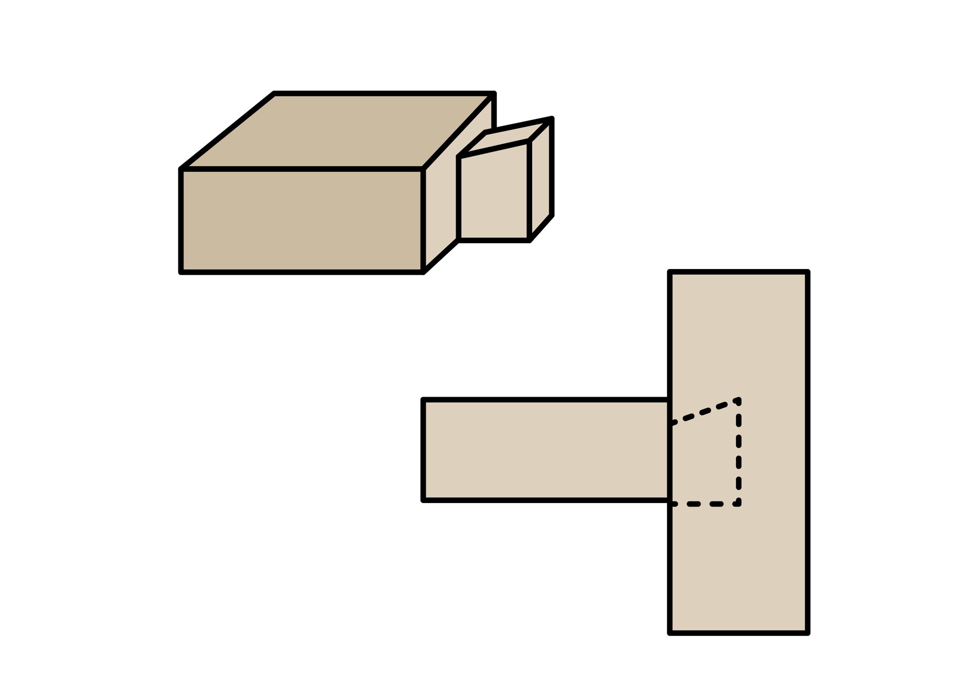 Grafika ilustruje złącze na czop w jaskółczy ogon z klinem. Łączone elementy są względem siebie prostopadłe i znajdują się w jednej pionowej płaszczyźnie. Pośrodku górnego elementu wycięto czop w kształcie jaskółczego ogona, rozszerzający się ku końcowi, zaś w drugim elemencie gniazdo dopasowane do czopa.