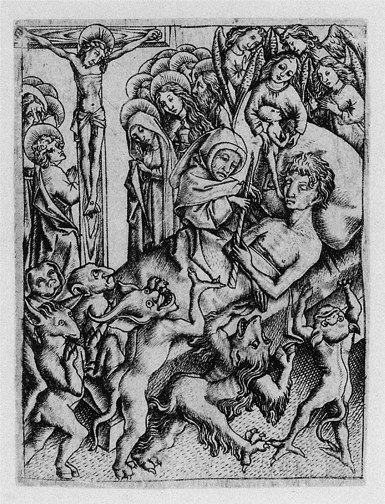 Rycina przedstawia umierającego mężczyznę, przy którym są zgromadzeni ludzie. Na łóżku leży nagi mężczyzna z zamkniętymi oczami. Jest przykryty kołdrą do wysokości klatki piersiowej. Jego głowa spoczywa na poduszce. W lewej dłoni trzyma zapaloną świecę. Druga ręka, zgięta w łokciu, leży na kołdrze. Przy łóżku mężczyzny stoi kobieta. Jest ubrana w sukienkę. Jej głowę zdobi welon. Podtrzymuje ona świecę. Drugą ręką dotyka poduszki zmarłego. Za kobietą stoi niewiasta. Ma na sobie sukienkę. Obejmuje ona małe, nagie dziecko. Znajduje się ono na poduszce mężczyzny. Jego noga dotyka twarzy leżącego. Za niewiastą znajduje się dziewczyna. Jest ubrana w sukienkę. Ręce ma złożone do modlitwy. Za plecami matki z dzieckiem i dziewczyny stoją dwa anioły. Ich ręce są złożone do modlitwy. Anioły patrzą na siebie nawzajem. Mają pochylone głowy. W pobliżu aniołów znajdują się ludzie. Nad ich głowami są aureole. Patrzą oni w kierunku krzyża, na którym wisi Chrystus. Pod krzyżem stoi Maryja. Jest pochylona. W rękach trzyma chustę. Po drugiej stronie stoi św. Jan. Na jego głową znajduje się aureola. Ma złożone ręce do modlitwy. Patrzy na Chrystusa. Za jego plecami stoi człowiek. Jego twarz zasłania św. Jan. Nad głową ma aureolę. Przed łóżkiem zmarłego znajdują się diabły przypominające wyglądem zwierzęta.