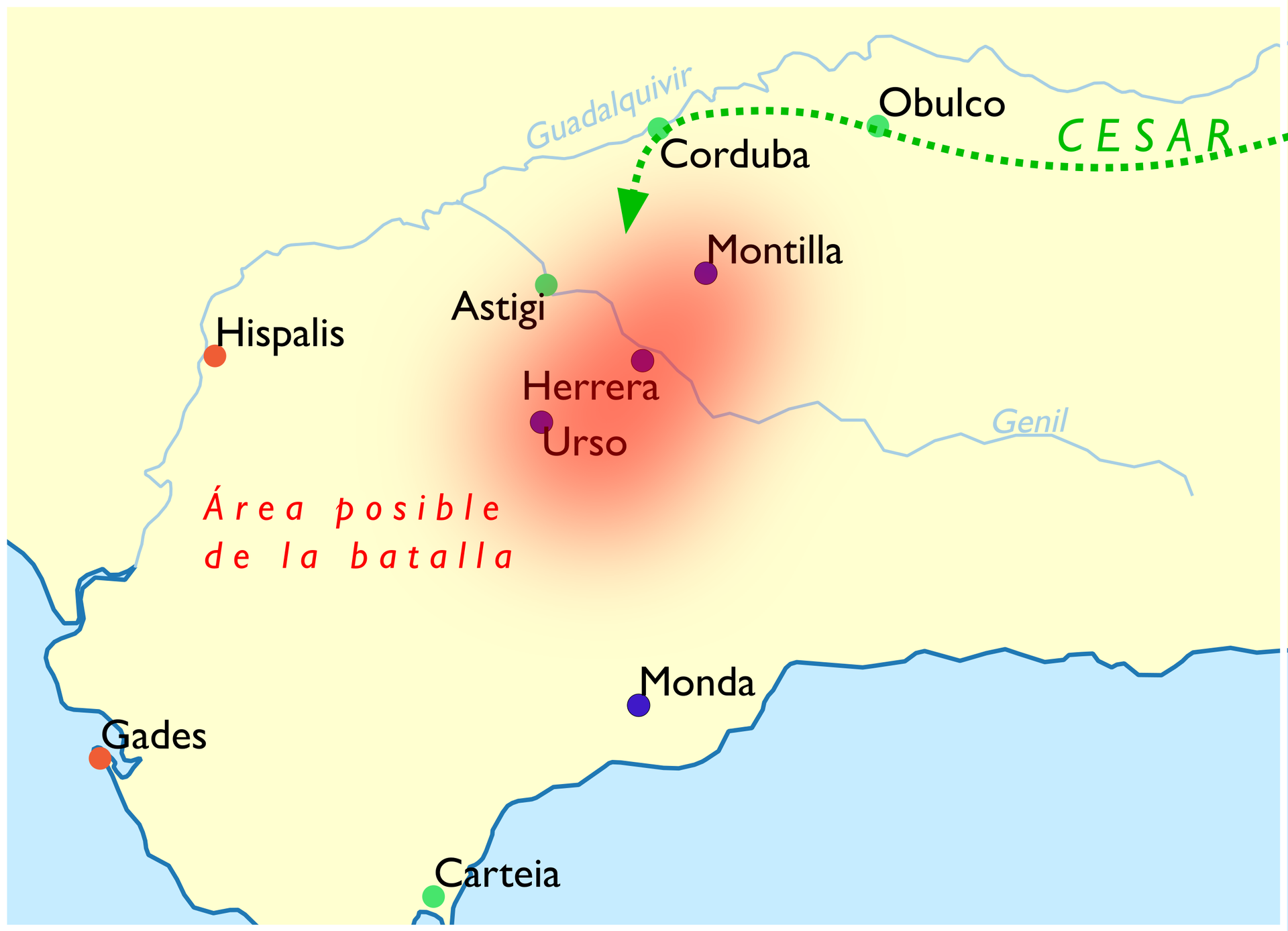 Ilustracja przedstawia mapę, na której oznaczona jest przybliżona lokalizacja bitwy pod Mundą.  Na środku ilustracji znajduje się czerwony obszar lokalizacji bitwy. Zaznaczone zostały Urso, Ferrera oraz Montilla. Od prawej górnej strony ilustracji prowadzi przerywana linia z napisem CEZAR, zakończona strzałką. Wskazuje ona miejsce bitwy.