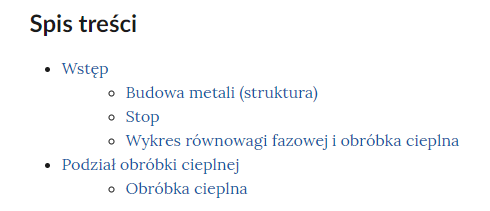 Ilustracja przedstawia Spis Treści planszy interaktywnej. Spis treści składa się z wstępu oraz podziału obróbki cieplnej. W wstępie i podziale obróbki cieplnej znajdują się podpunkty.