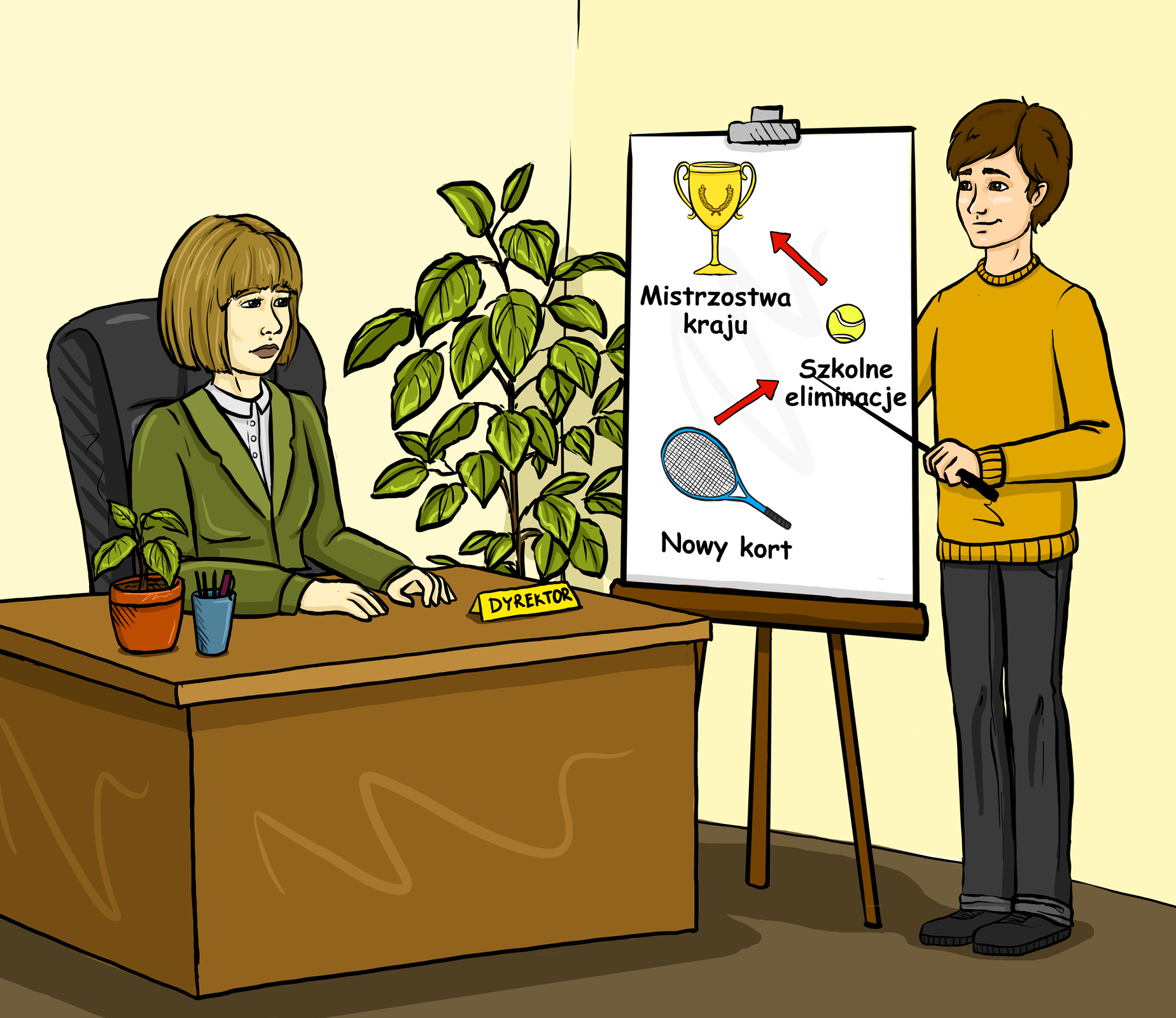 Ilustracja przedstawia kobietę siedzącą za biurkiem, jej stanowisko jest podpisane dyrektor. Przed biurkiem stoi mężczyzna wskazujący na elementy znajdujące się na tablicy. Na tablicy znajduje się schemat. Nowy kort prowadzi do szkolnych eliminacji, a szkolne eliminacje prowadzą do mistrzostw kraju.