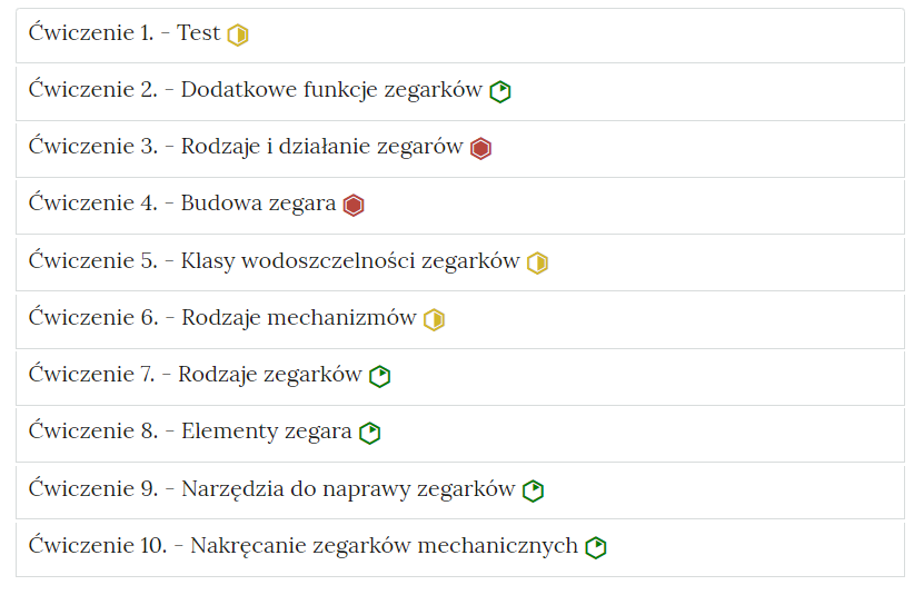 Zdjęcie przedstawia przykładowy wygląd zakładek zawierających interaktywne materiały sprawdzające. Składają się one z prostokątnych paneli umieszczonych jeden pod drugim. Każdy panel posiada numer oraz tytuł, który nawiązuje do zawartego w nim zadania.
